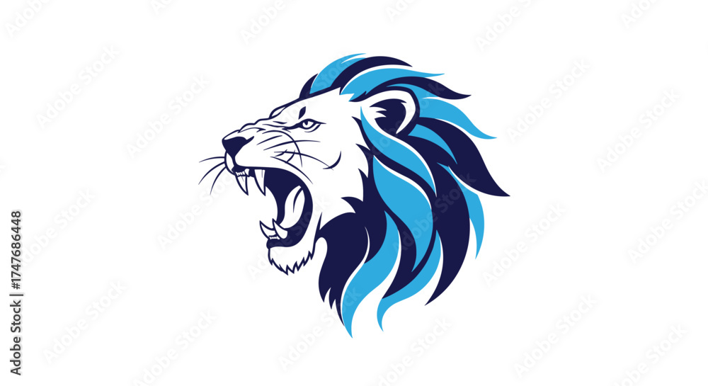 Fototapeta premium A fierce roaring lion with a blue and white mane on a white background.