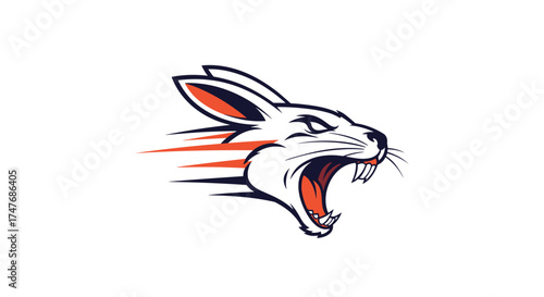 Fast furious white rabbit with orange accents and sharp teeth aggressive.