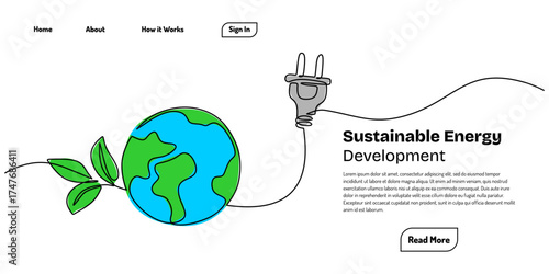 One Line Art of Earth Globe with Plant and Electric Plug