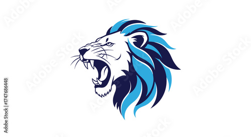 A fierce roaring lion with a blue and white mane on a white background.