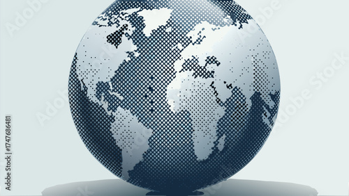 Detailed halftone world globe showing continents and oceans on a light background with a subtle shadow