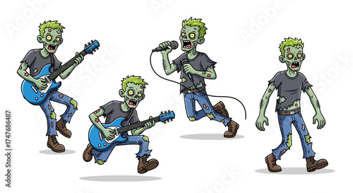 Cartoon zombie band rocks out with guitar and microphone for Halloween party invitation or scary music event promotion in fun, illustrated style
