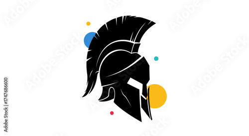 Ancient Spartan helmet with colorful dots representing energy and innovation in a minimalist design.