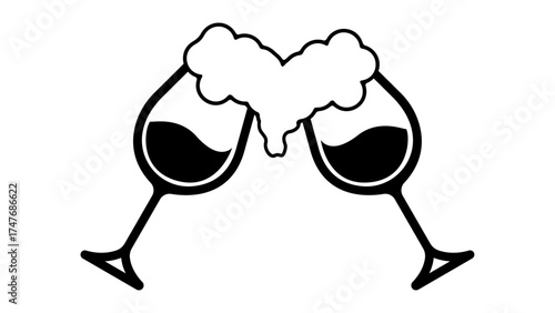  Two wine glasses clinking as wine splashes forming a heart shape, celebratory romantic toast icon for weddings parties and gatherings.