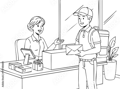 Smiling delivery courier giving parcel and envelope to female employee at post office counter