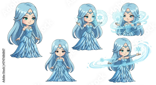 Enchanting ice queen character set casting spells with magical winter energy, perfect for animation, game design and fantasy projects involving powerful sorceresses