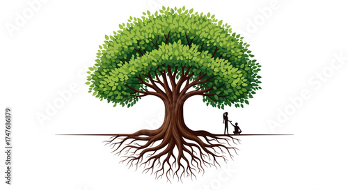 A majestic tree with strong roots and lush green leaves stands tall in this beautiful illustration.