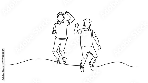 Continuous Line Drawing of Happy Kids Jumping for Back to School
