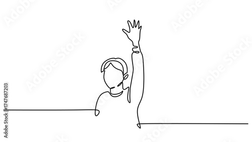 One Line Drawing of a Student Raising Hand in a Classroom