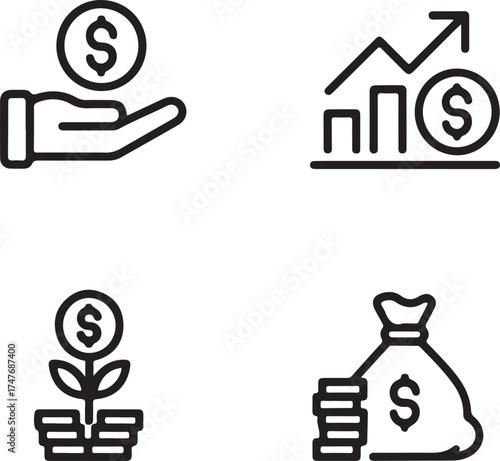 Financial Investment Growth and Accumulation Icons Set in Black Outline.