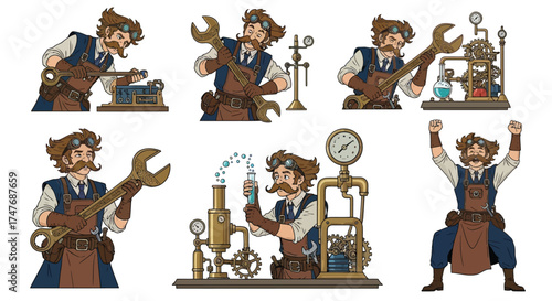 Eccentric inventor cartoon engineer celebrating lab success with wrench and goggles, great for science and technology concepts or vintage steampunk designs
