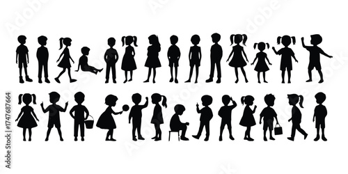 children, kids, silhouette, boy, girl, playing, standing, sitting, walking, running, dress, shirt, pants, skirt, bag, bucket, childhood, youth, people, human, figure, graphic, illustration, icon, symb