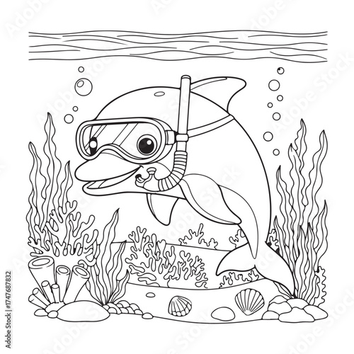 Dolphin Wearing Snorkel Mask Swimming Underwater with Coral and Shells Dolphin Coloring Book Dolphin Coloring page Coloring page Coloring book