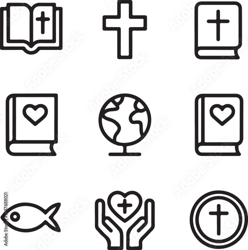  Christian faith symbols line art collection of belief and religion.