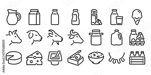 dairy, milk, cheese, butter, ice cream, yogurt, cow, goat, sheep, udder, jug, carton, bottle, container, farm, animal, food, drink, product, agriculture, fresh, organic, natural, illustration, icon, s