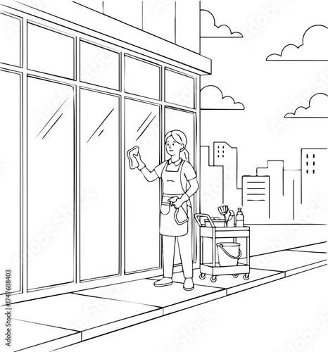Female janitor cleaning large windows of modern office building using sponge and spray bottle
