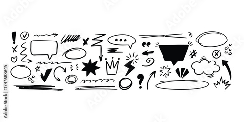 exclamation mark, check mark, cross mark, heart, speech bubble, arrow, scribble, zig zag, starburst, crown, lightning bolt, question mark, diamond, cloud, circle, lines, doodle, hand drawn, sketch, sy