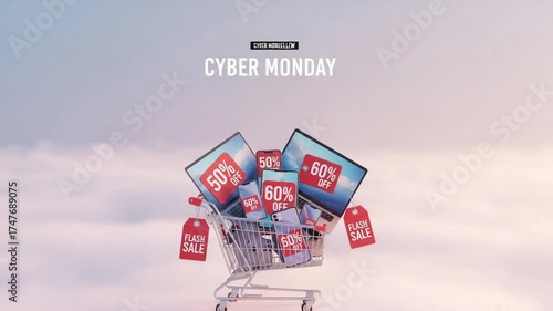Shopping Cart Full of Electronics with Sale Tags Floating in Cloudy Sky