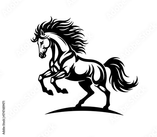 A dynamic black silhouette of a rearing stallion is brought to life with bold, tribal-inspired lines and a wild, flowing mane