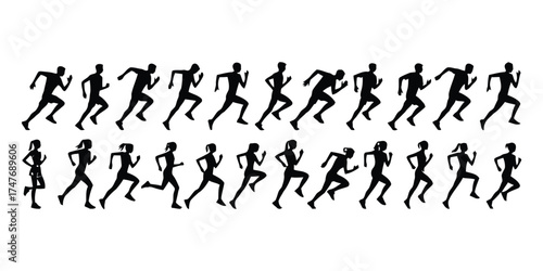 running, runner, silhouette, sport, male, female, woman, man, person, athlete, race, sprint, jog, action, movement, speed, competition, fitness, exercise, activity, outdoor, white background, isolated