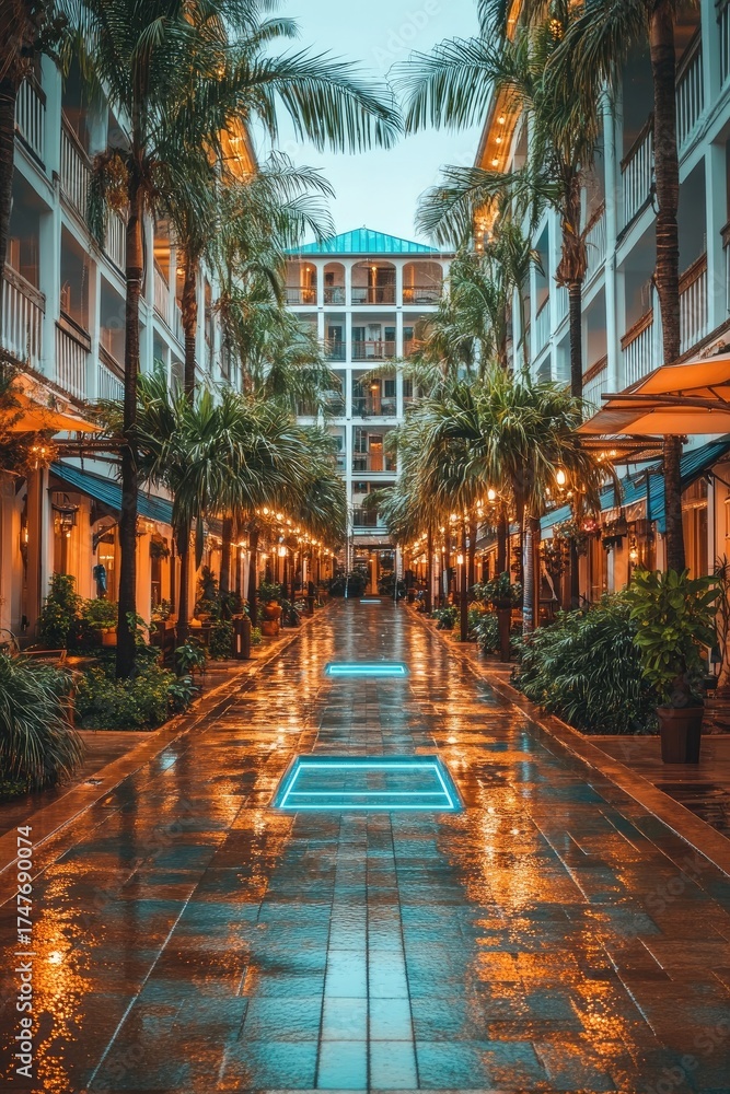 Fototapeta premium Wet urban scene with palm trees reflected lights