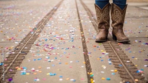Fototapeta Naklejka Na Ścianę i Meble -  small town parade Cowboy boots stand on a street covered with colorful confetti, capturing a festive atmosphere.