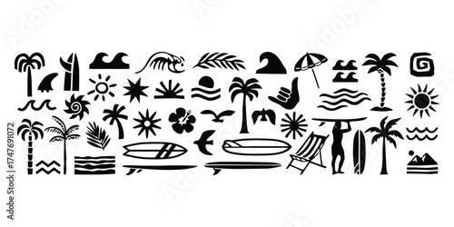 tropical, summer, beach, surf, surfing, wave, palm tree, sun, hibiscus flower, umbrella, beach chair, surfboard, shaka sign, bird, mountain, island, black and white, silhouette, icon, symbol, graphic,