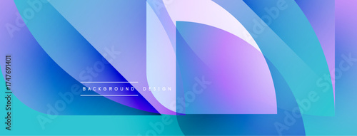 Abstract flowing shapes, vibrant blues, purples create modern background. Soft gradients, dynamic composition, elegant design elements present.