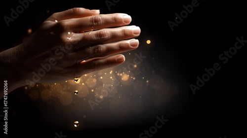 Hand holding a glowing drop of oil, symbolizing precious energy and sustainability, dark background with dramatic lighting.