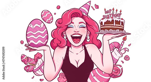 Illustration Woman Celebrating Birthday Holding Cake and Eggs Pink