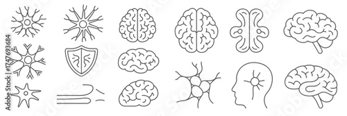 Collection of scalable vector line art illustrations featuring brains neurons and scientific concepts vector