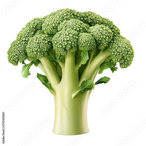 Vibrant green broccoli head with detailed florets and fresh leaves isolated on white background