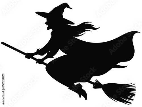Silhouette illustration of a witch flying on a broomstick vector art vector
