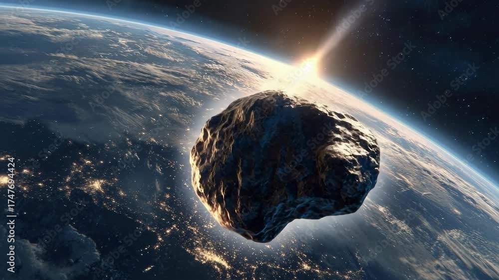 A large rocky asteroid passing near Earth in space, with Earth's curved horizon, city lights, and a bright sunrise behind.