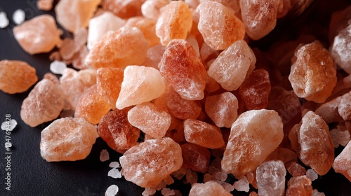 Himalayan pink salt crystals, ideal for culinary use, relaxing baths, or aromatherapy. Use this pink salt background for your next design project!
 