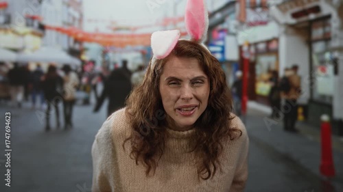 Wallpaper Mural Woman in bunny ears on city street grimacing, wearing sweater, standing outdoors, surrounded by blurred background of urban environment and diverse crowd on an overcast day. Torontodigital.ca