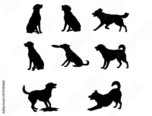 Collection of diverse dog silhouettes depicting various breeds and playful canine activities, perfect for pet-themed graphic designs
