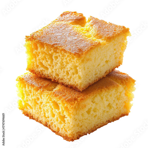 Two golden-brown square slices of delicious fluffy cake stacked together isolated on white background