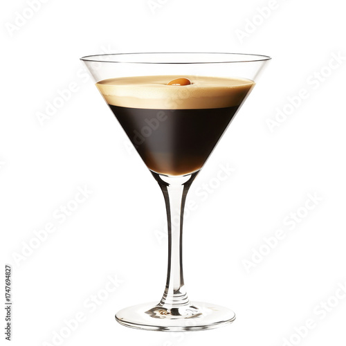Elegant espresso martini in a classic cocktail glass isolated on white background