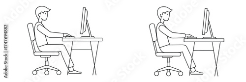 Vector illustration of correct and incorrect posture at a desk with computer in eps format vector