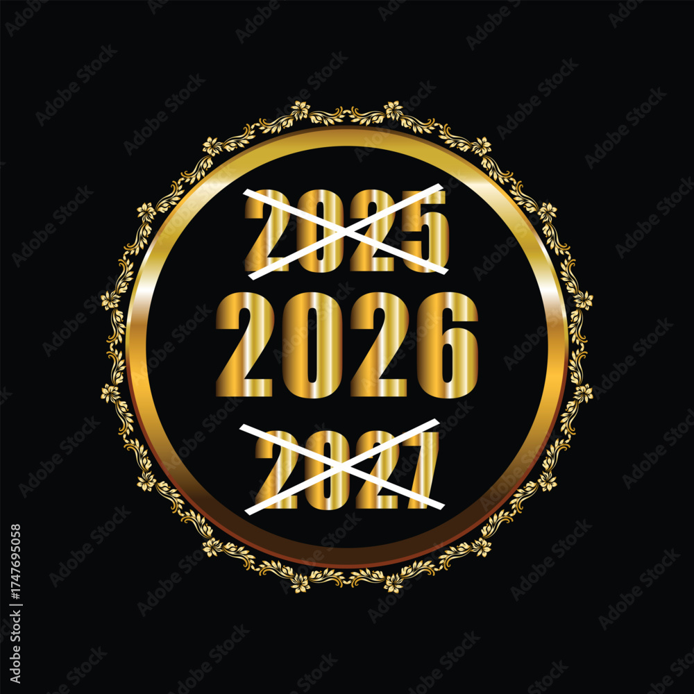 Fototapeta premium Goodbye 2025 Hello 2026 – Elegant Golden New Year Typography with Check and Cross Icons for Festive Celebration Design