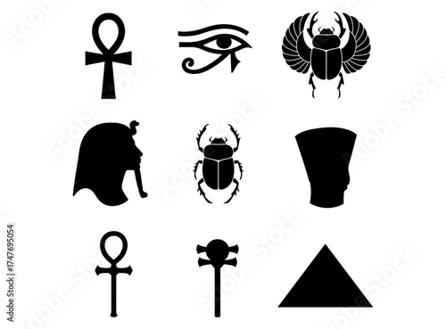 Egyptian Symbols Collection Ancient Ankhs, Eye of Horus, Scarabs, and Pharaohs for Design