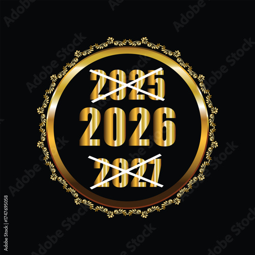 Goodbye 2025 Hello 2026 – Elegant Golden New Year Typography with Check and Cross Icons for Festive Celebration Design