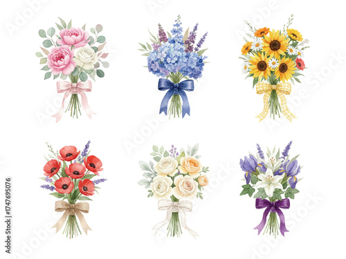 watercolor flower bouquet tied with a ribbon bow