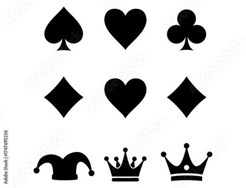 Playing Card Symbols, Joker, and Crowns Diverse Illustrations for Design, Vector Elements