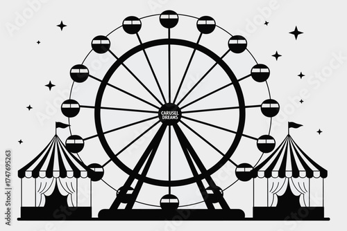 Vector illustration of a classic ferris wheel with circus tents and stars vector