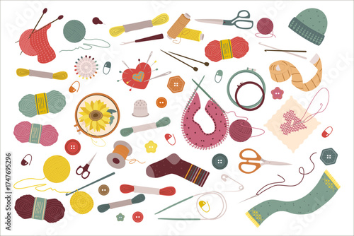 Colorful Knitting and Sewing Supplies Vector Illustration