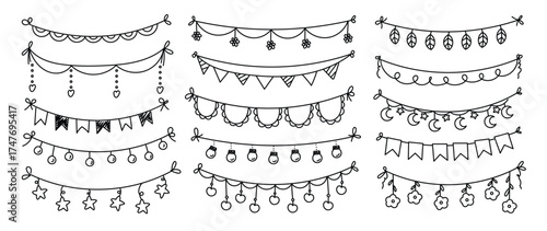 Hand drawn decorative garland vector set with festive Christmas and happy new year ornaments and black line elements. Perfect design for greeting cards, invitations, packaging and creative backgrounds