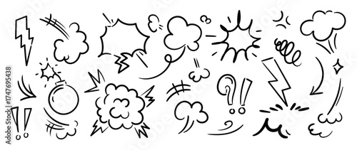 Comic doodle effect elements vector set with hand drawn explosions, clouds, lightning, motion lines, exclamation marks and expressive sketch icons. Perfect design for backgrounds, packaging and creati