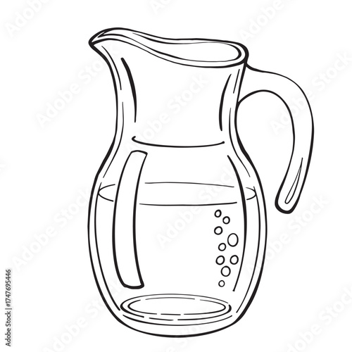 Pitcher with water or juice drawn in black and white line art style. Elegant vector illustration showing glass jug with liquid. Perfect for menus, packaging, kitchen decor, and design projects.